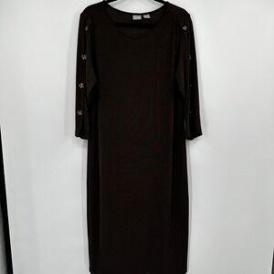 Chicos Travelers Brown Long Sleeve Button Detail Slinky Midi Dress Size 2 12/14